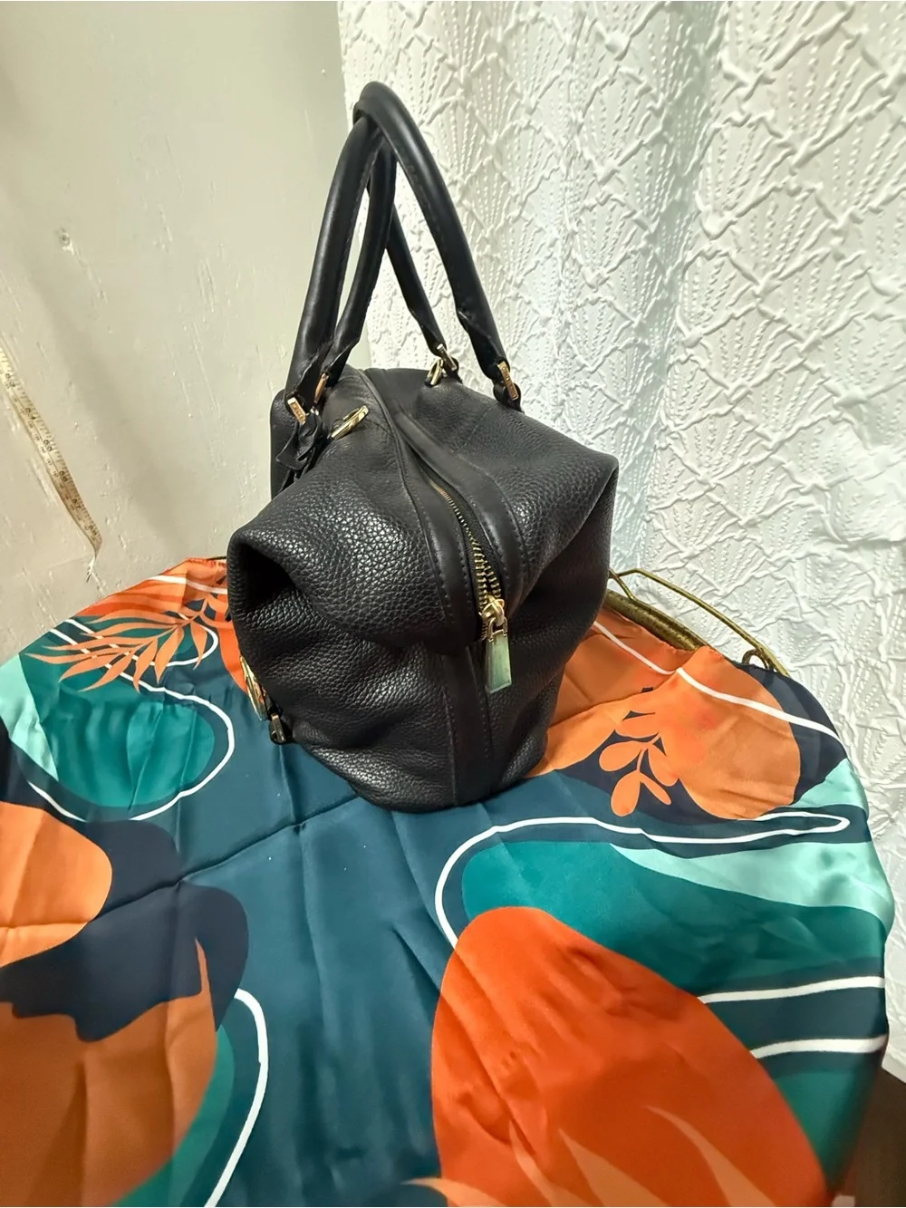 Michael Kors Black Pebbled Leather Satchel with Gold Hardware